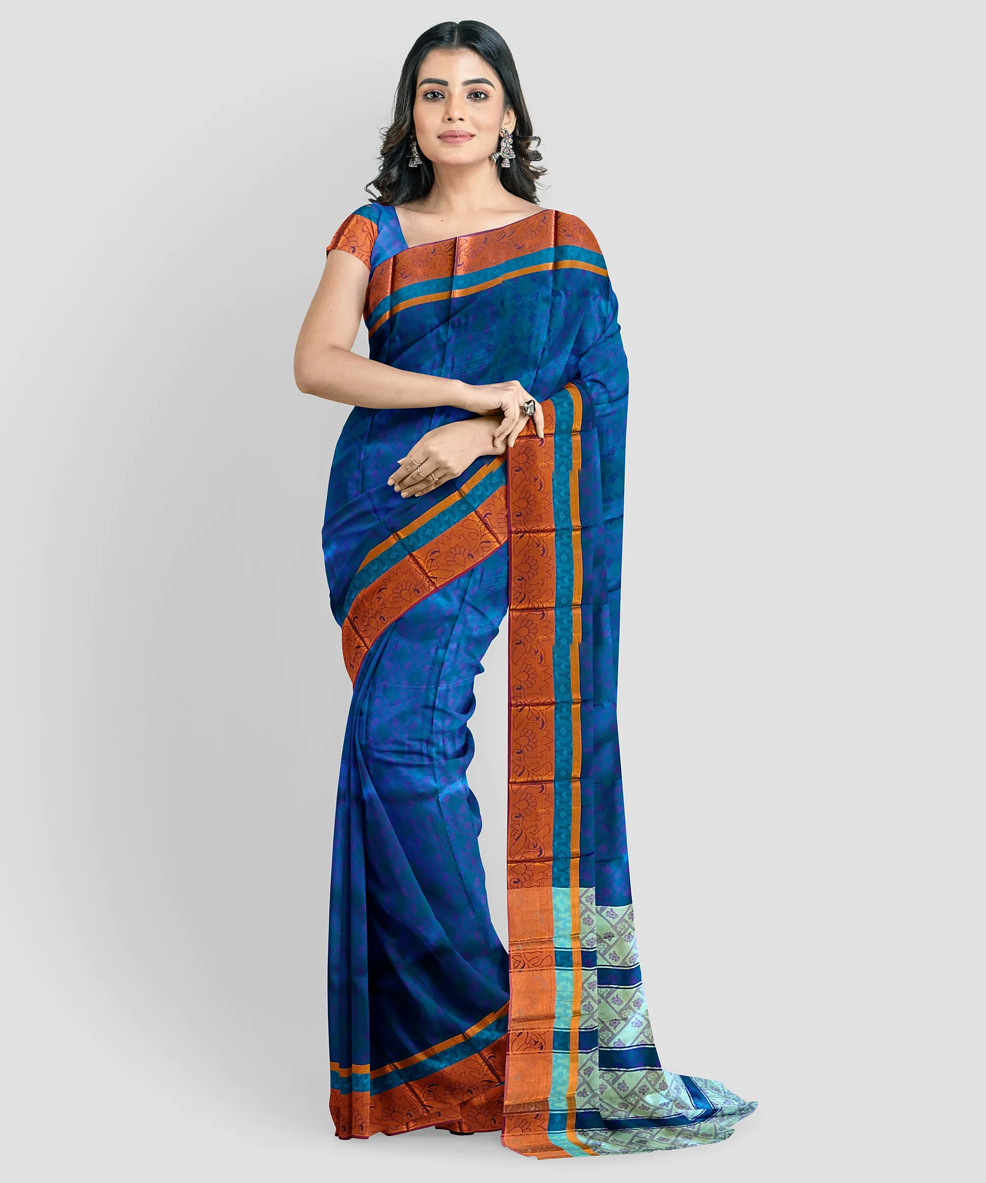 Woodloom Self Design, Woven Handloom Silk Blend, Cotton Blend Saree (Blue) - Image 4