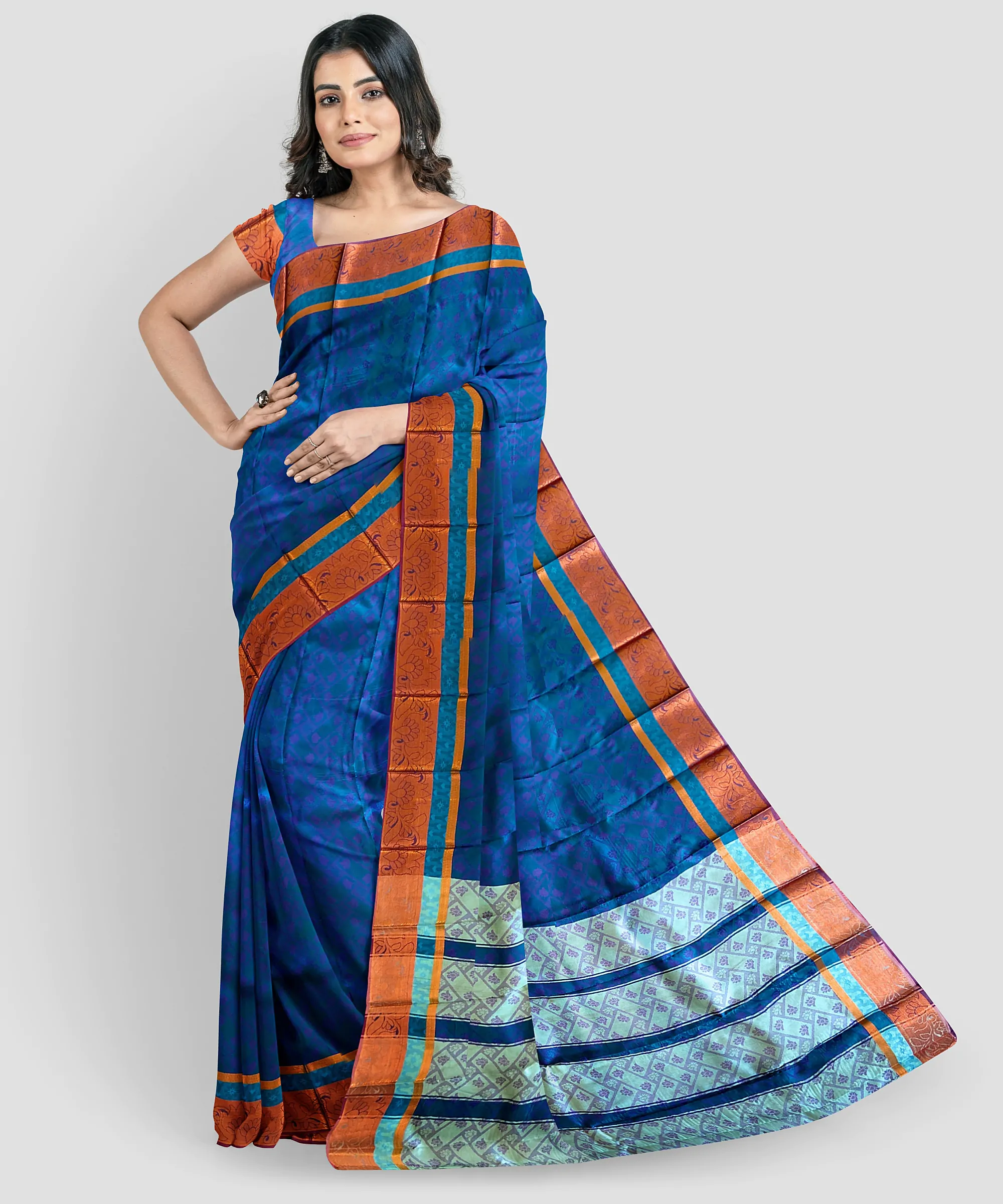 Woodloom Self Design, Woven Handloom Silk Blend, Cotton Blend Saree (Blue) - Image 5