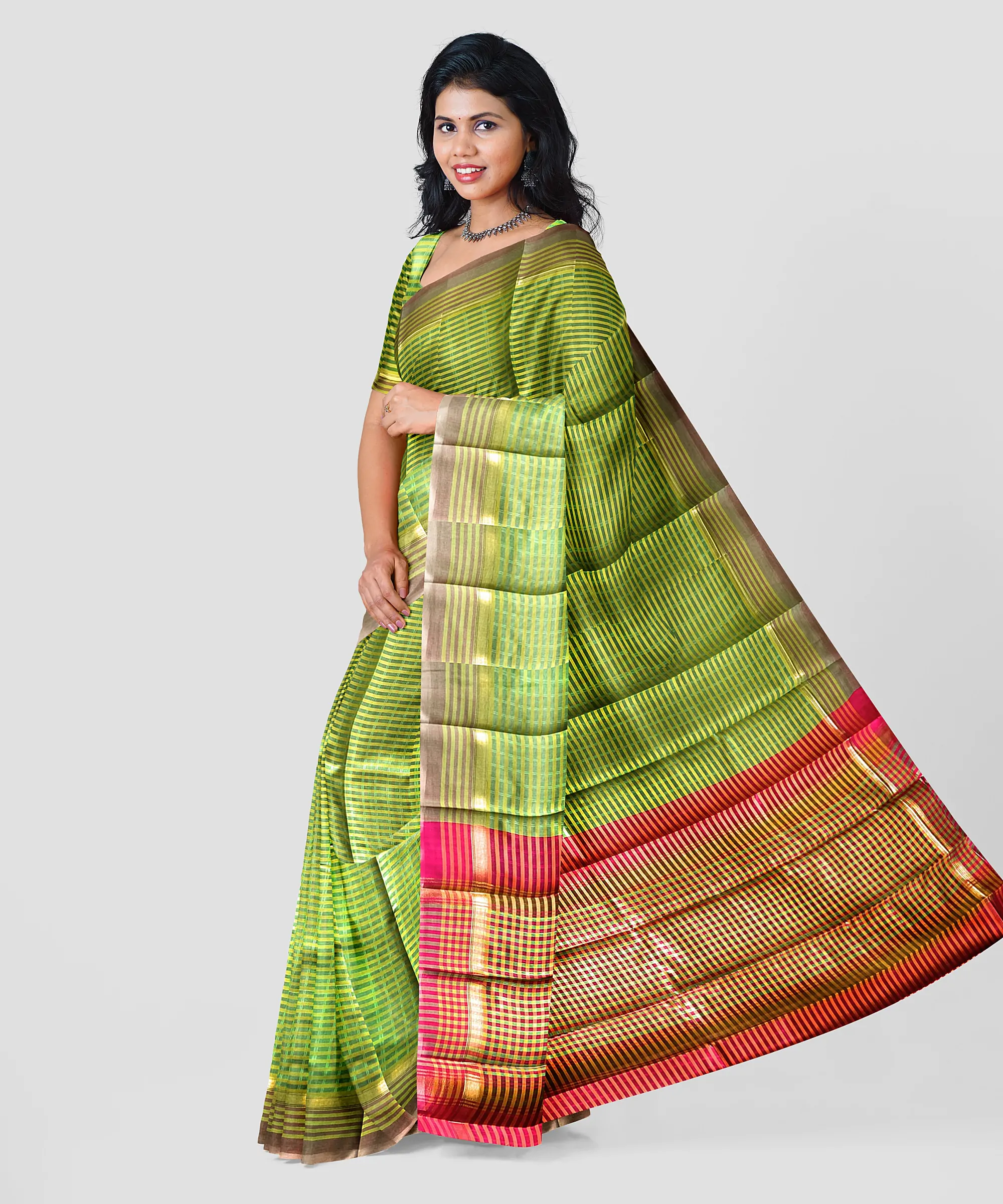 Woodloom Striped Handloom Cotton And Silk Blend Saree - Image 2