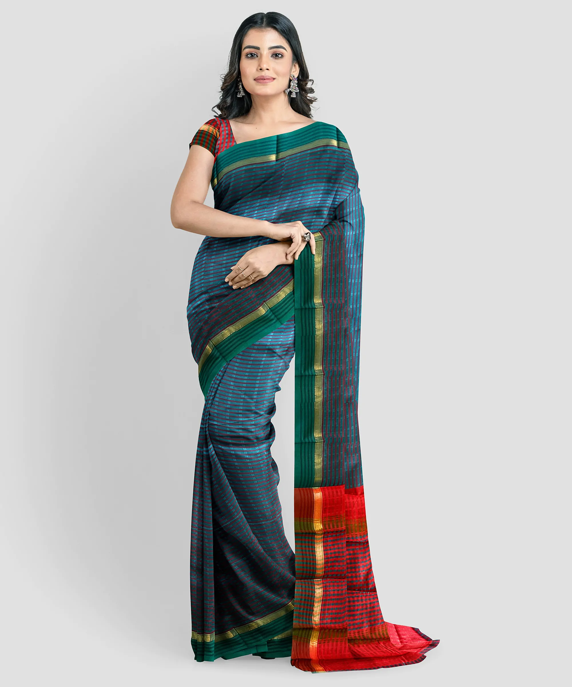 Woodloom Striped Handloom Cotton And Silk Blend Saree - Image 2