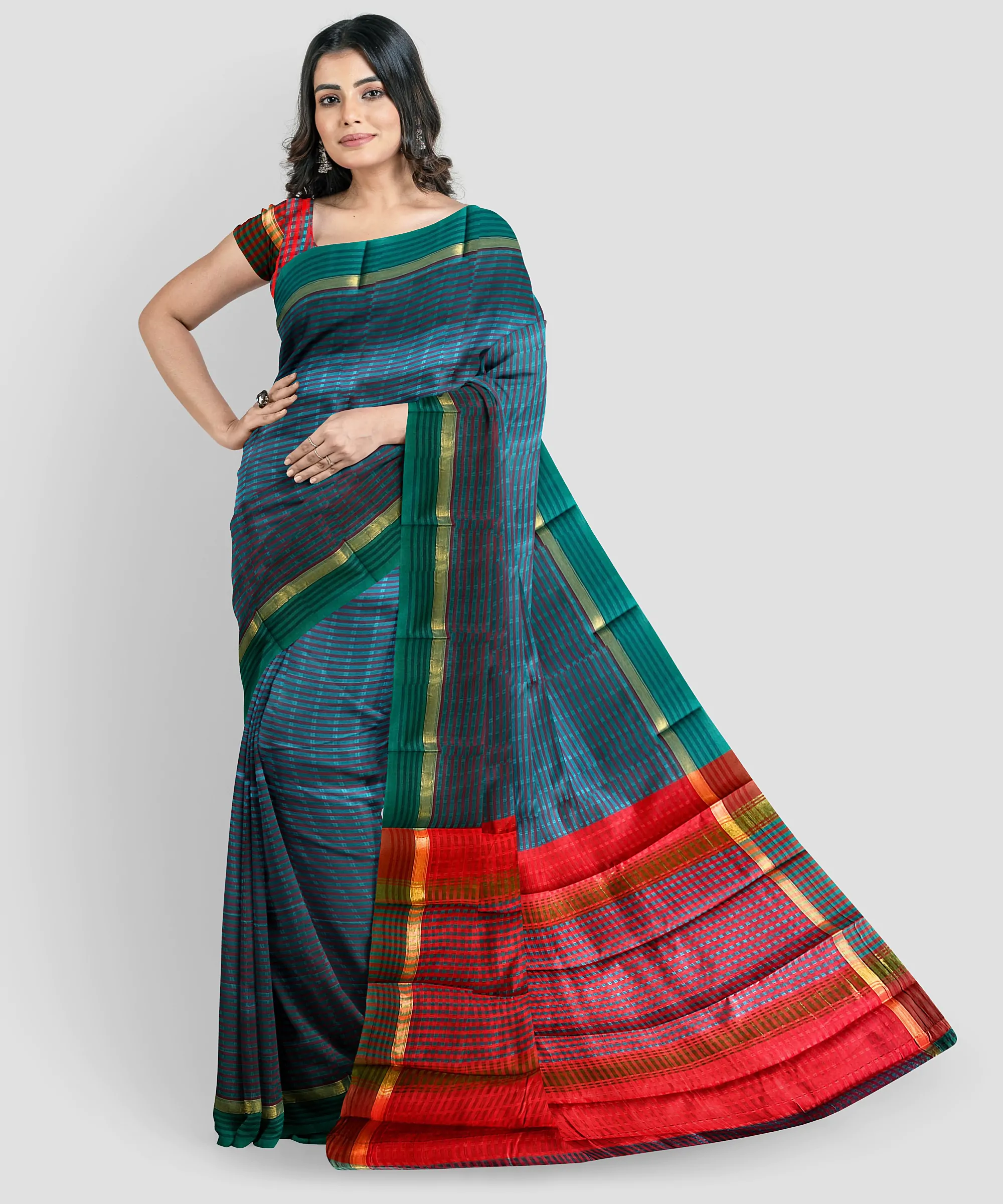Woodloom Striped Handloom Cotton And Silk Blend Saree