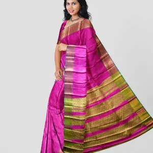 Woodloom Handloom Saree Cotton And Kora Silk Blend With Kasavu Border - Image 2