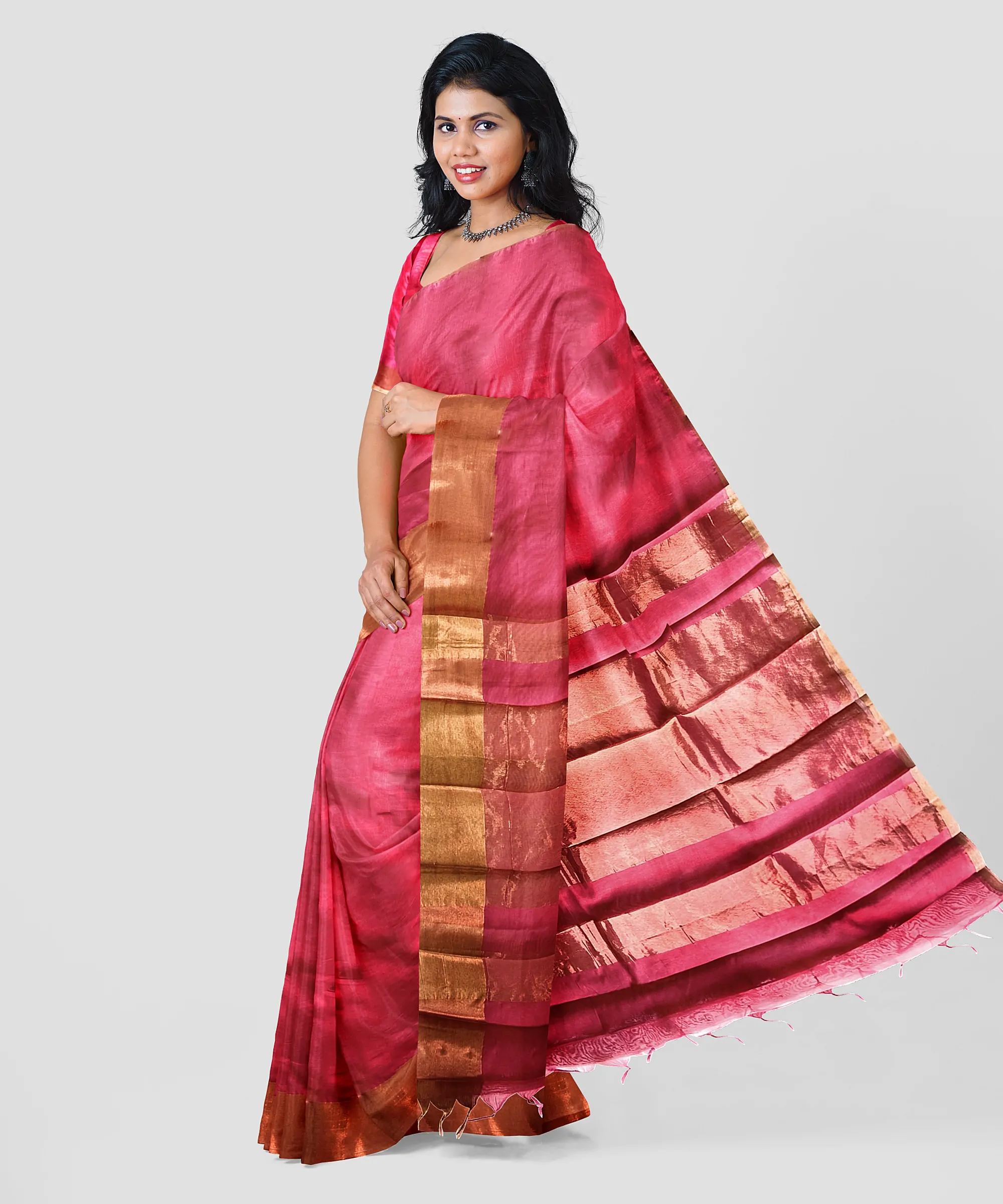 Woodloom Handloom Saree Cotton And Kora Silk Blend With Copper Finish Kasavu Border - Image 3