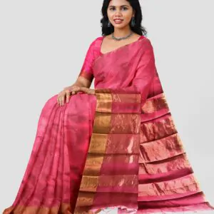 Woodloom Handloom Saree Cotton And Kora Silk Blend With Copper Finish Kasavu Border - Image 2