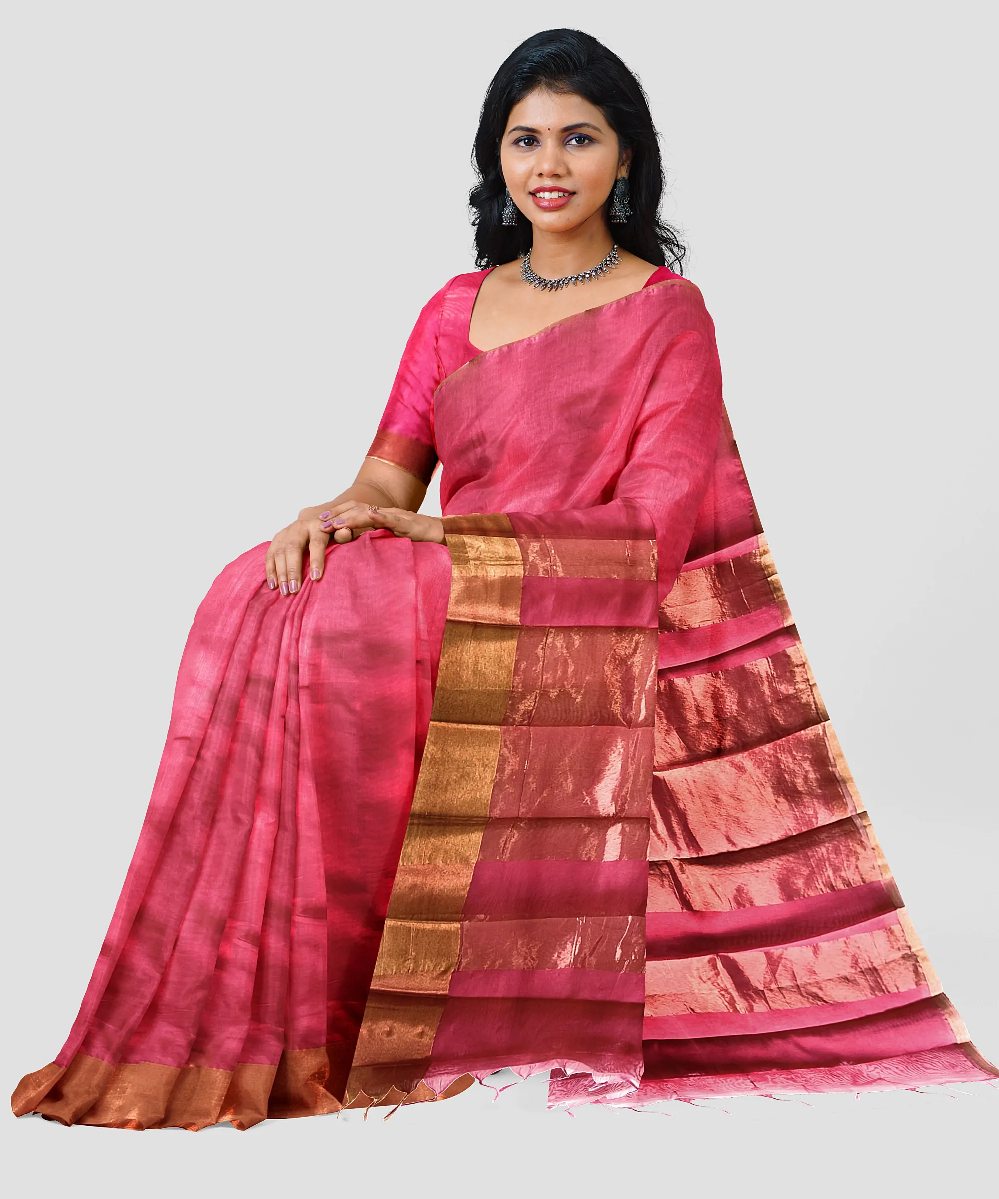 Woodloom Handloom Saree Cotton And Kora Silk Blend With Copper Finish Kasavu Border - Image 2
