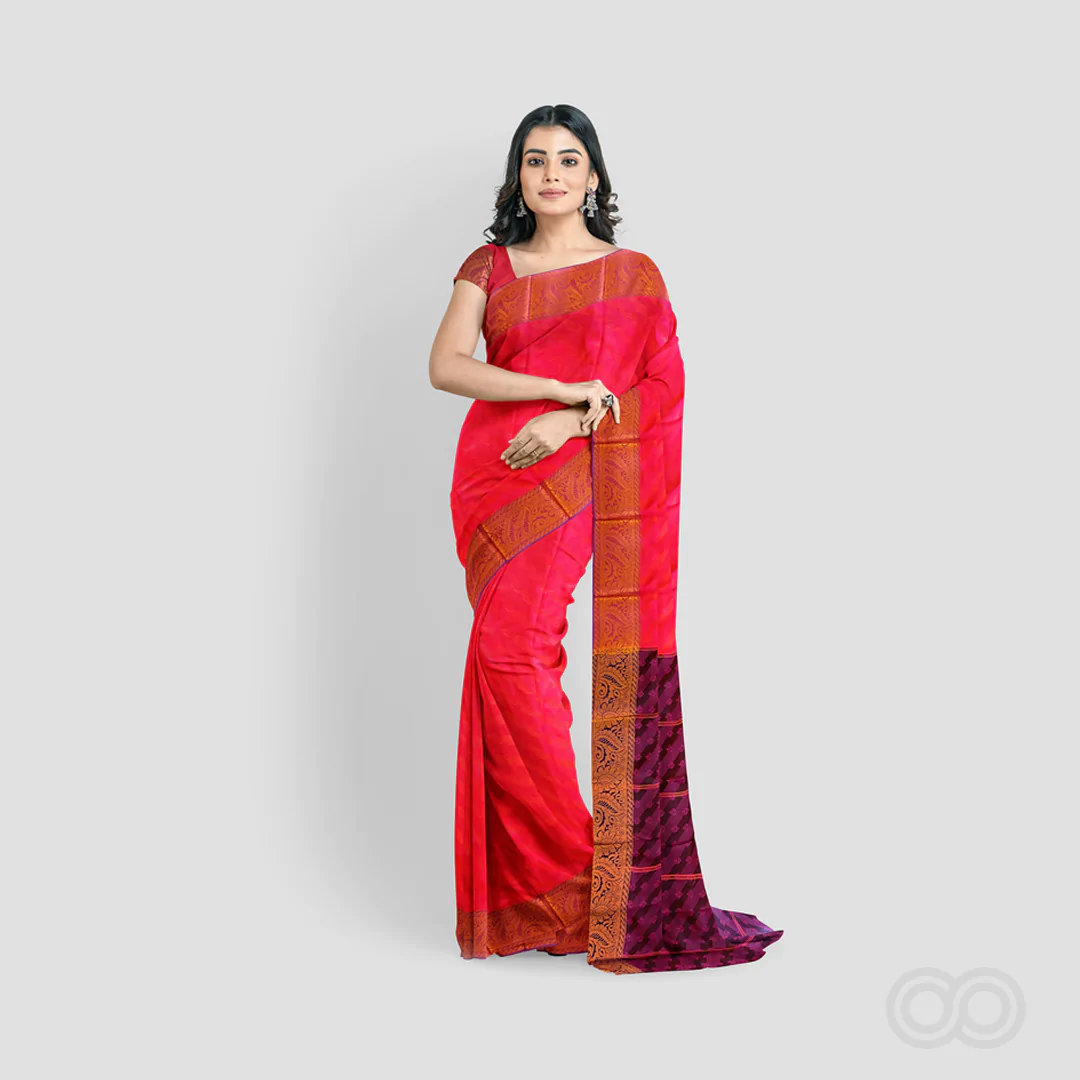Woodloom Handloom Saree Cotton And Kora Silk Blend With Kasavu Border - Image 3