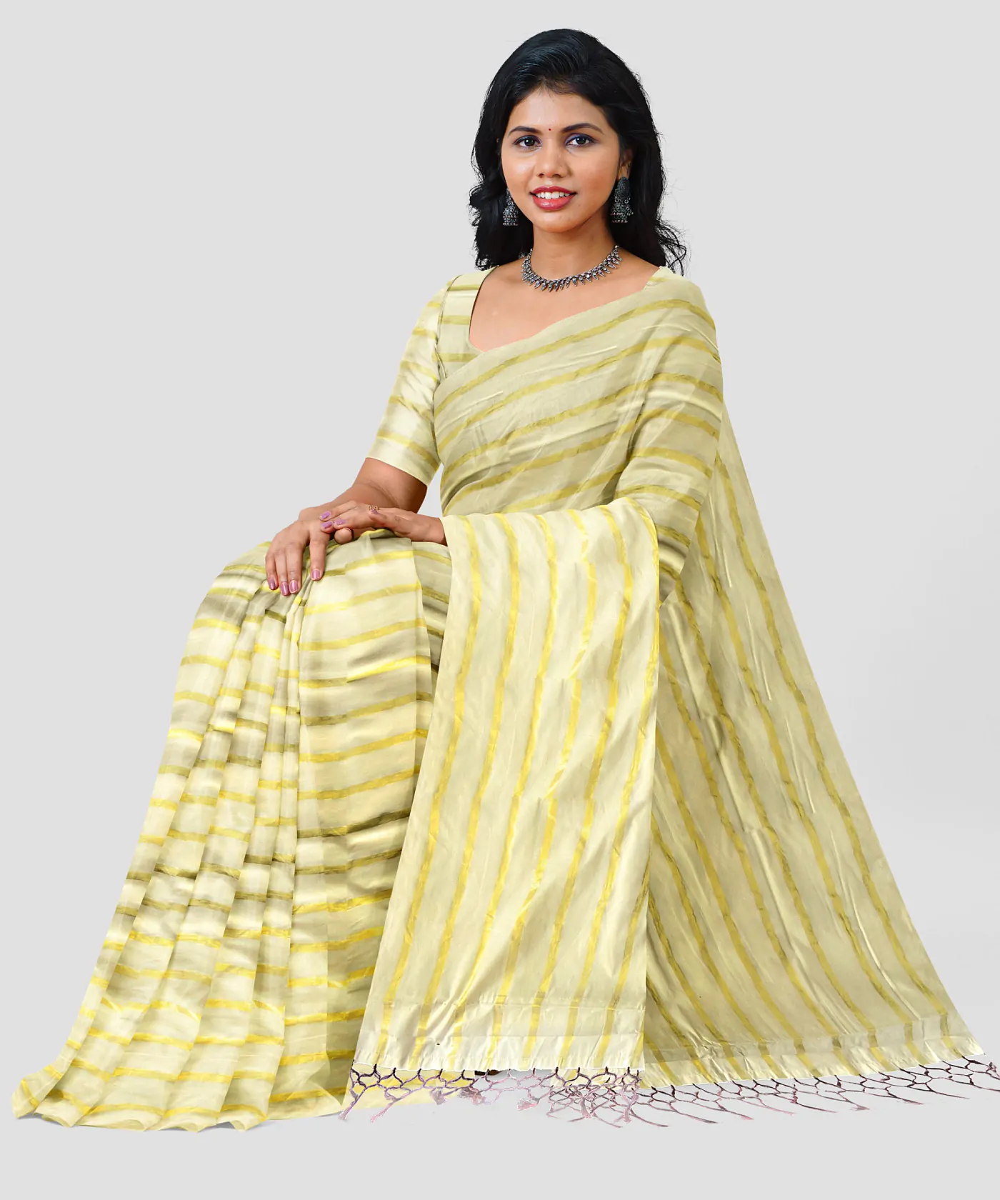 WOODLOOM STRIPED KASAVU  HANDLOOM COTTON SAREE - Image 3
